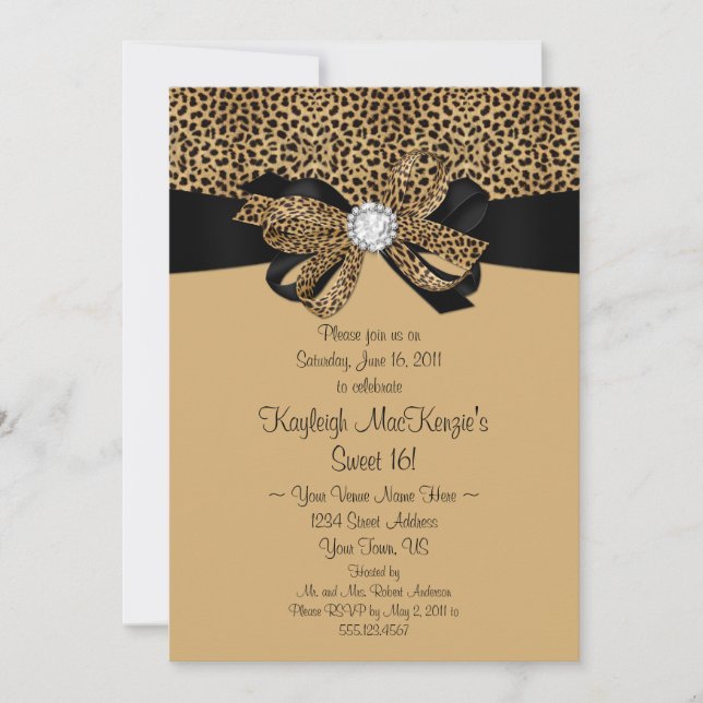 Convites Leopard Print Clear Rhinestones Diamantes Sweet 16 (Frente)