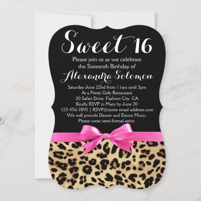 Convites Leopard Print Hot Pink Arco Sweet 16º Aniversário (Frente)