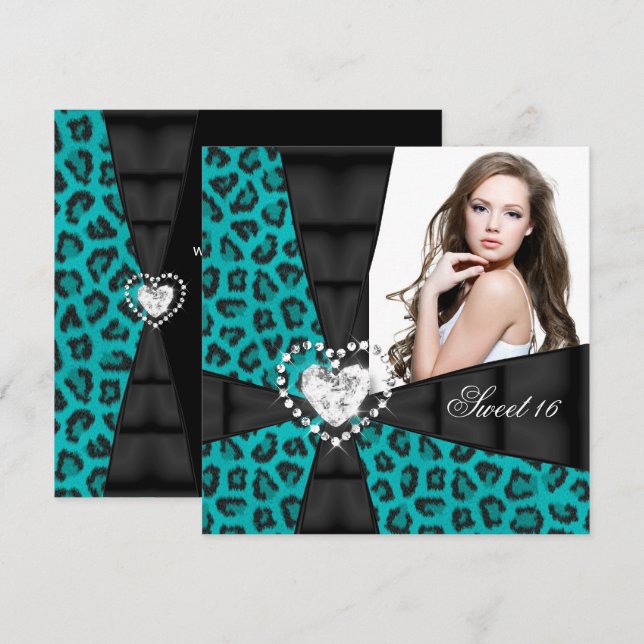 Convites Leopard Teal Blue Sweet 16 Dezesseis Festas de ani (Frente/Verso)