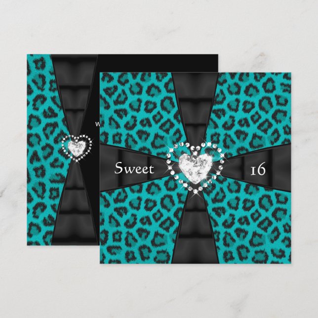 Convites Leopard Teal Sweet 16 Dezesseis Festas de aniversá (Frente/Verso)