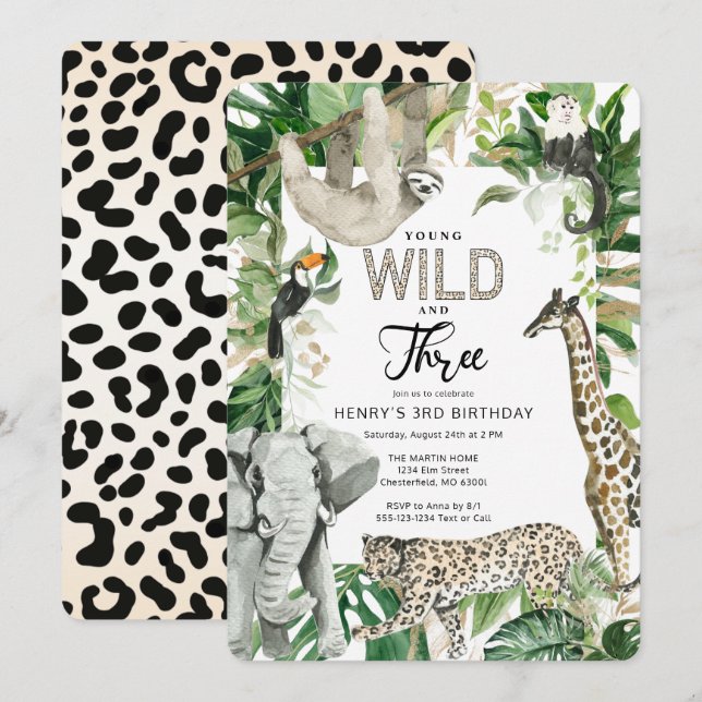Convites Leopard Young Wild e Três Aniversário Safari (Frente/Verso)