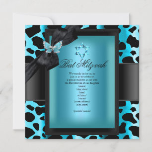 Convites Leopardo Azul Teal Borboleta Bat Mitzvah