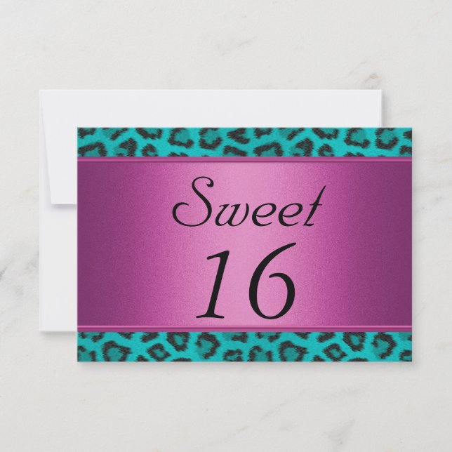 Convites Leopardo Azul Turquesa Rosa Sweet 16 (Frente)