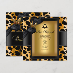 Convites Leopardo de Bat Mitzvah Dourado Preto Borboleta