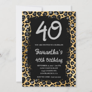 Convites Leopardo Dourado Cinza Pintado de Preto Aniversári