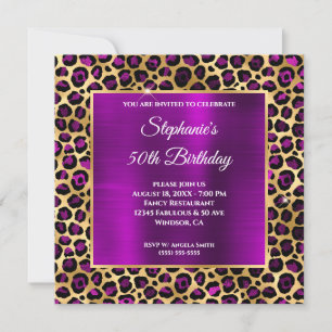Convites Leopardo Dourado e magenta roxo Glam 50º Aniversár