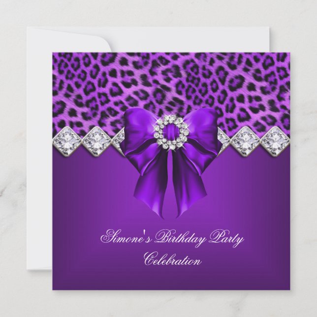 Convites Leopardo Elegante Arco Roxo Diamantes (Frente)