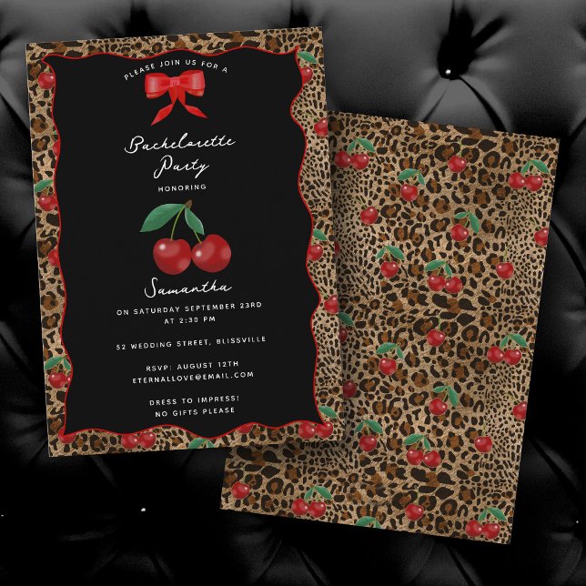 Convites Leopardo Estampa de Guepardo Cereja Coquetel Despe (Leopard Cheetah Print Cherry Cocktail Bachelorette Invitation)