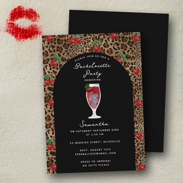 Convites Leopardo Estampa de Guepardo Cereja Coquetel Despe (Leopard Cheetah Print Cherry Cocktail Bachelorette Invitation)
