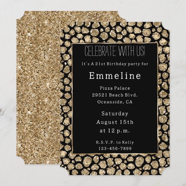 Convites Leopardo Glitor Dourado Negro (Frente/Verso)