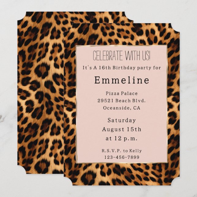 Convites Leopardo Imprime Lente-Rosa Dourada Glama (Frente/Verso)