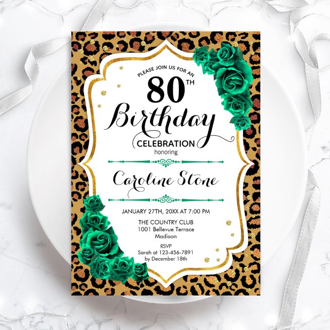 Convites Leopardo Imprime verde Dourado 80 Aniversário (Criador carregado)
