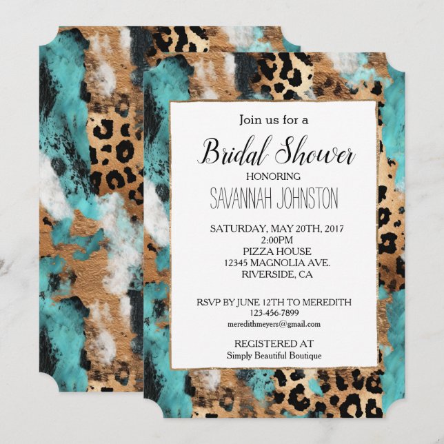 Convites Leopardo Negro Dourado Turquesa (Frente/Verso)