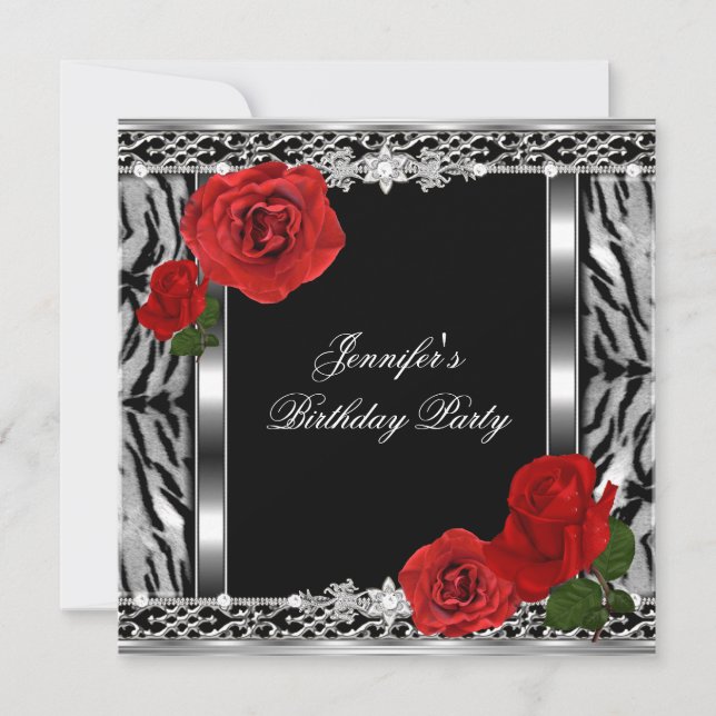 Convites Leopardo Preto Aniversário Rosa Vermelha Flores Qu (Frente)