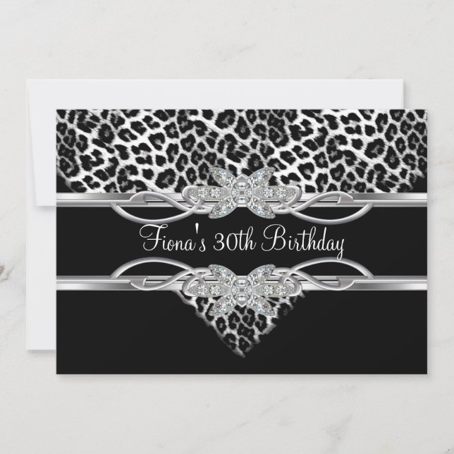 Convites Leopardo Preto Branco 30º Diamante Jóia (Frente)