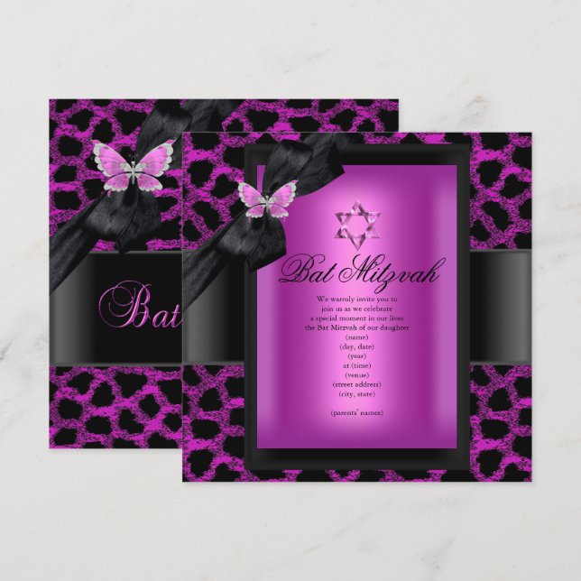 Convites Leopardo Rosa Borboleta Bat Mitzvah (Frente/Verso)