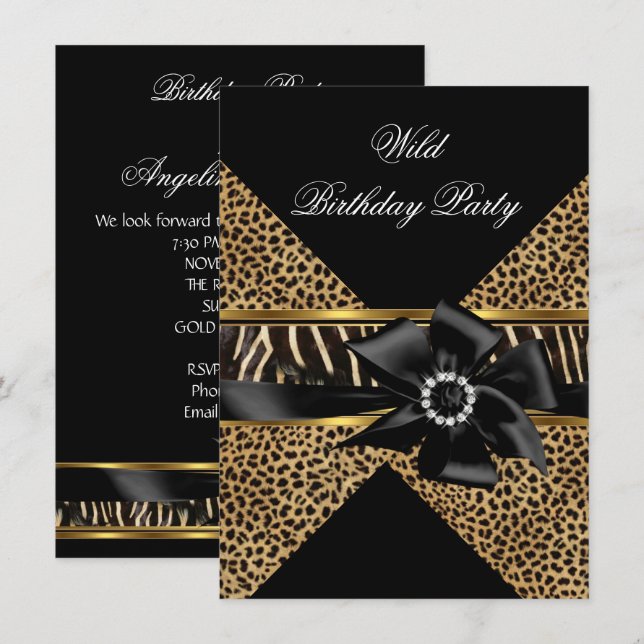 Convites Leopardo Selvagem Zebra Arco Preto Dourado Festa d (Frente/Verso)