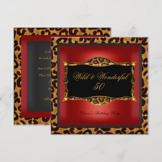 Convites Leopardo Vermelho Dourado Preto Festa de Aniversár (Frente/Verso)