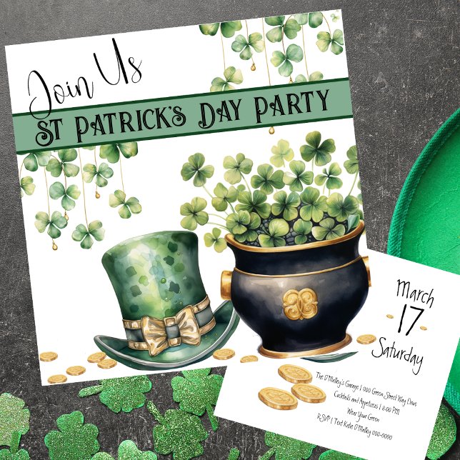 Convites Leprechaun e Dia de São Patrício de Pote O Clover (Shamrocks and leprechaun top hat with gold coins on a customizable St Patrick's Day invitation. )