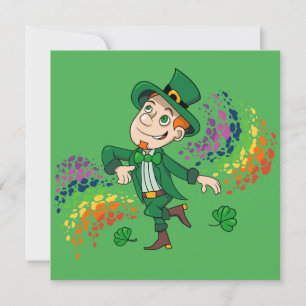 Convites Leprechaun feliz sorrindo dançando, um arco-íris