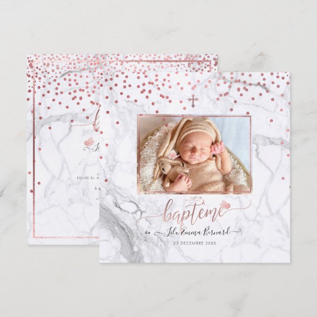 Convites Les confettis d'or rosa Faire-part de Baptême (Frente/Verso)