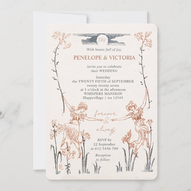 Convites Lesbian Vintage Floral Wedding Invitation (Frente)