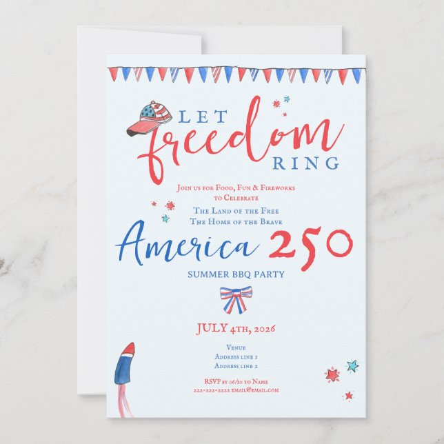 Convites Let Freedom Ring 4th of July America 250 Patriotic (Frente)