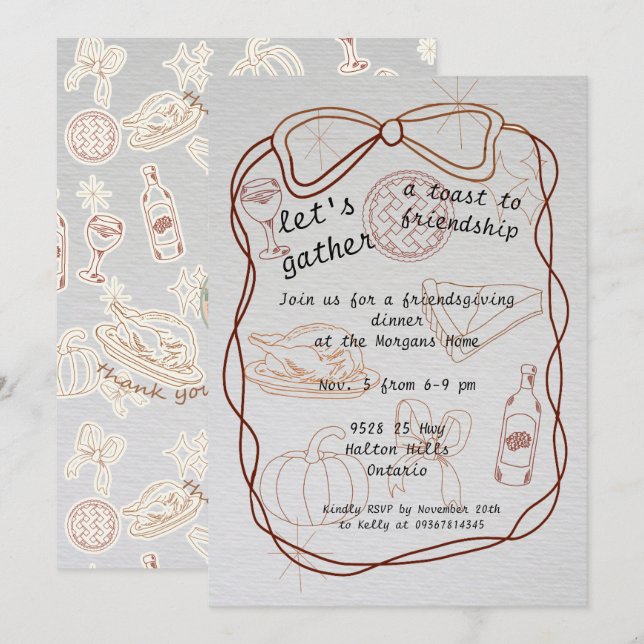 Convites  "Let’s Gather" Hand-Drawn Friendsgiving  (Frente/Verso)