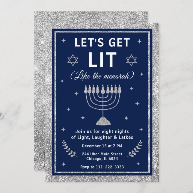 Convites Let’s Get Lit Hanukkah Party (Frente/Verso)