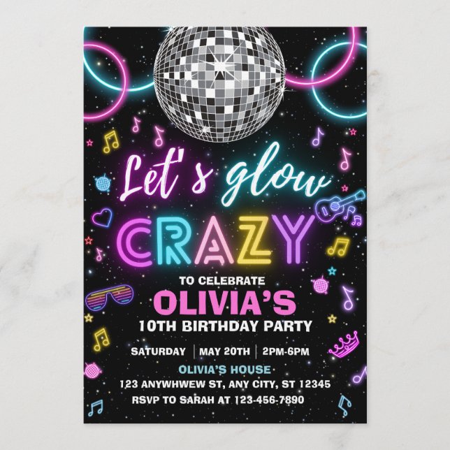 Convites Let’s Glow Crazy disco party (Frente)