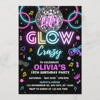 Convites Let’s Glow Crazy disco party invite - disco ball