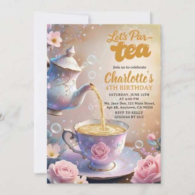 Convites Let’s Par‑Tea Teacup & Teapot Tea Party Birthday (Frente)