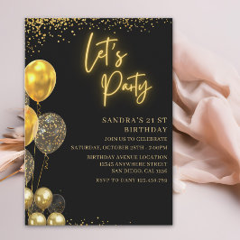 Convites Let’s Party- elegant Birthday with Golden balloons