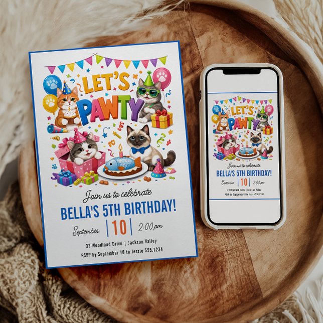 Convites Let’s Pawty Cat 5th Birthday | Cute Kitty Birthday (Let’s Pawty Cat 5th Birthday | Cute Kitty Birthday Invitation
)