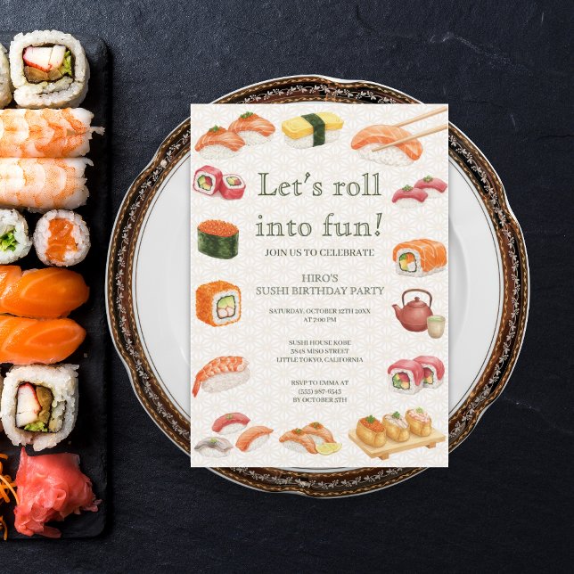 Convites Let’s Roll into Fun! Sushi Birthday Party Invitati (Criador carregado)