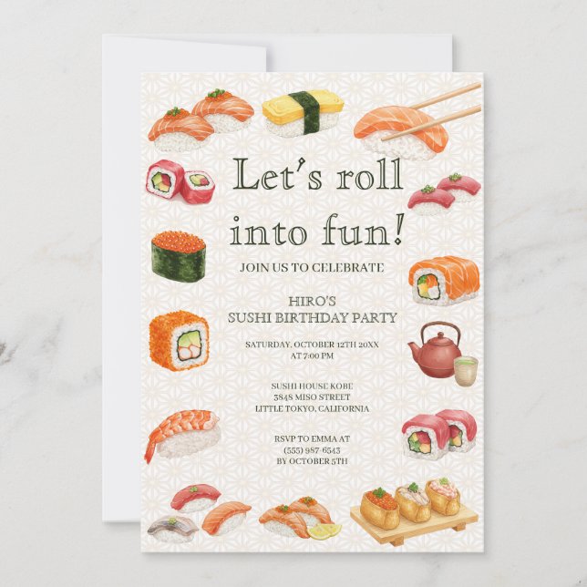 Convites Let’s Roll into Fun! Sushi Birthday Party Invitati (Frente)