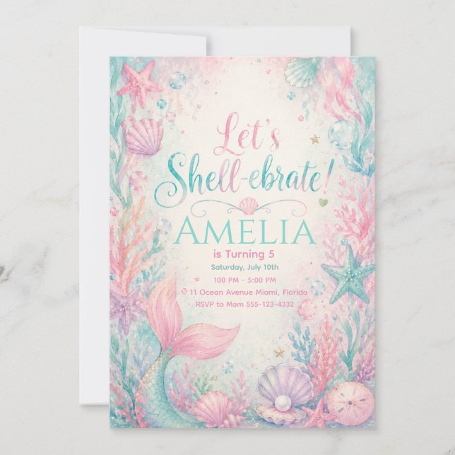 Convites Let’s Shell-ebrate Mermaid Invitation Editable (Frente)