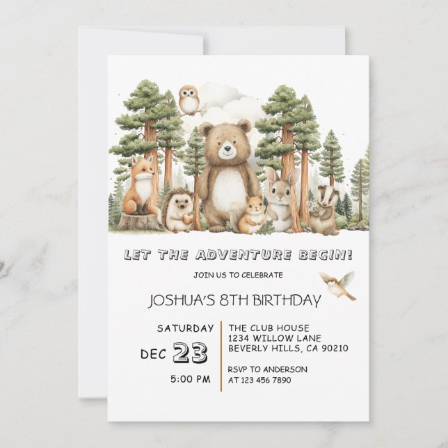 Convites Let The Adventure Begin Woodland Animals Birthday (Frente)