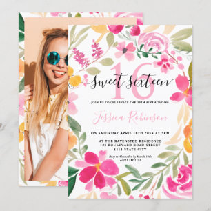 Convites Letra cor-de-água floral cor-de-rosa