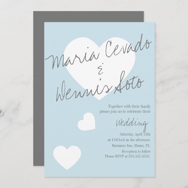 Convites Letra de Coração Flutuante Manuscrito Casado Cinza (Frente/Verso)