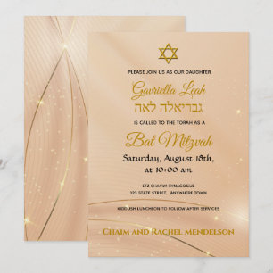 Convites Letra Dourada em Cream Satin Jewish Bat Mitzvah