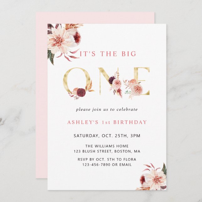 Convites Letra Dourada Floral Elegante Primeiro Aniversário (Frente/Verso)