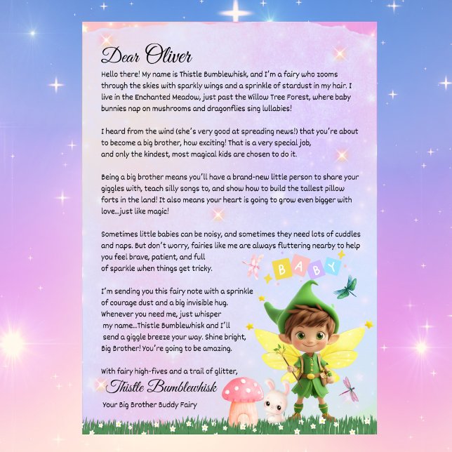 Convites Letra Fada Personalizada Custa para o Big Brother (Personalized Fairy Letter for Big Brother, Cute Boy Fairy Magical New Sibling Encouragement Letter)