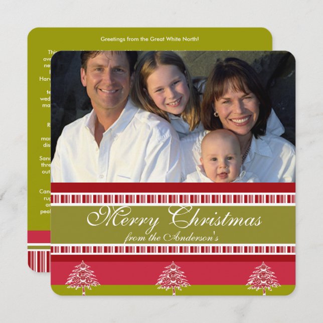 Convites Letra Holiday Red & Green Tree Patterna Card (Frente/Verso)