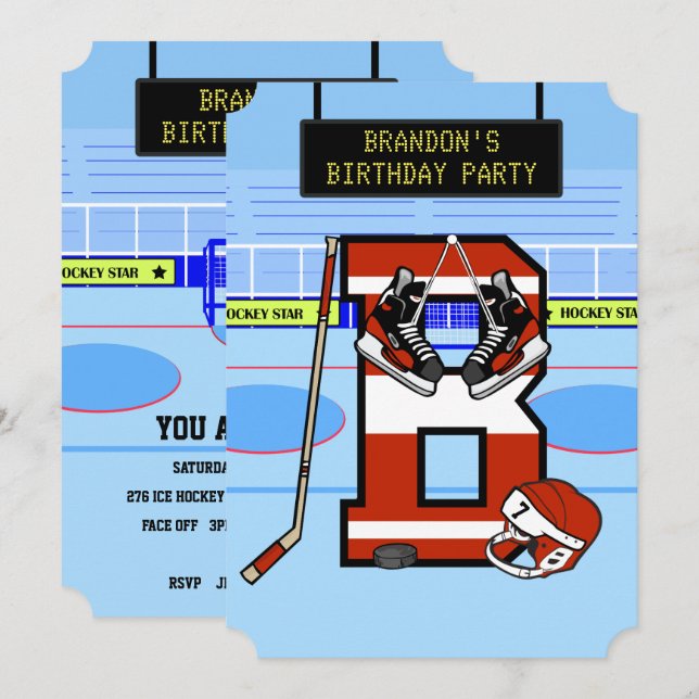 Convites Letra inicial personalizada B Hockey com gelo (Frente/Verso)