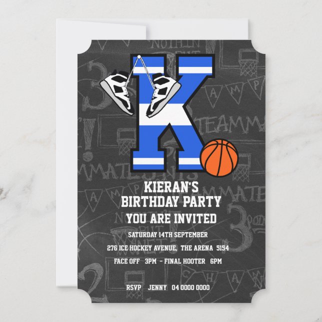Convites Letra Inicial Personalizada de Basquetebol k (Verso)