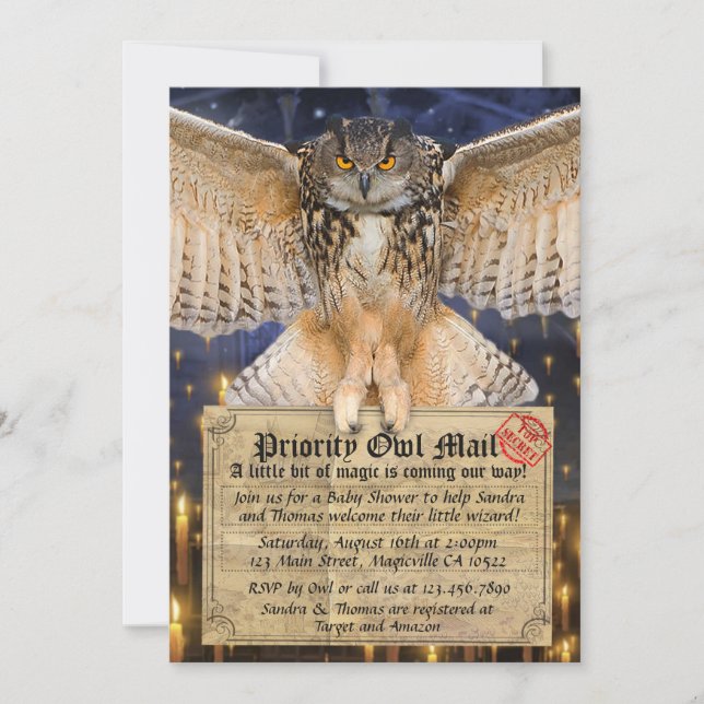 Convites Letra Magic Owl Mail para um Chá de fraldas do Ass (Frente)