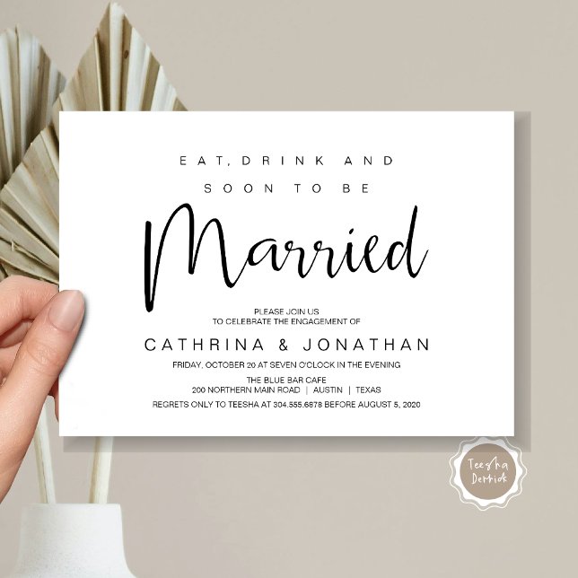Convites Letra Mão, Script Preto, Festa de noivado (Modern Script, Engagement Dinner Party Invitation Card, Eat, Drink, Soon To Be Married, Black White)