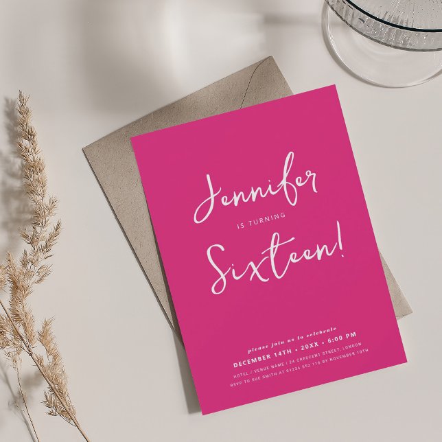 Convites Letra Mínima de Script Moderna Elegante Sweet 16 H (Elegant Modern Minimal Script Sweet 16 Hot Pink Invitation)