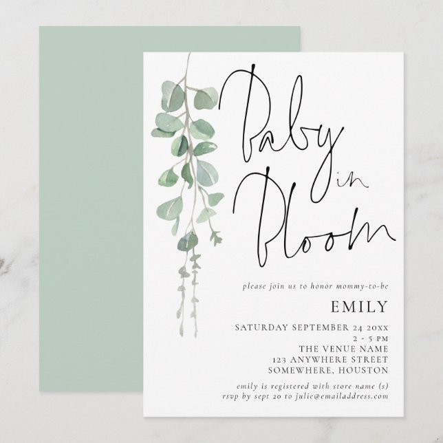 Convites Letra moderna Eucalyptus Baby in Bloom Chá (Frente/Verso)